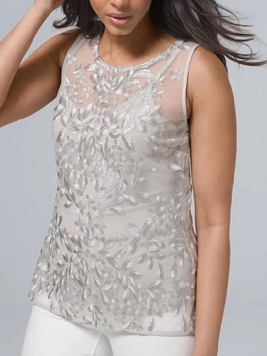 White House Black Market Tops - WHBM Silver Floral Embellished Lace Sleeveless Overlay Top & Gray Camisole Sz M